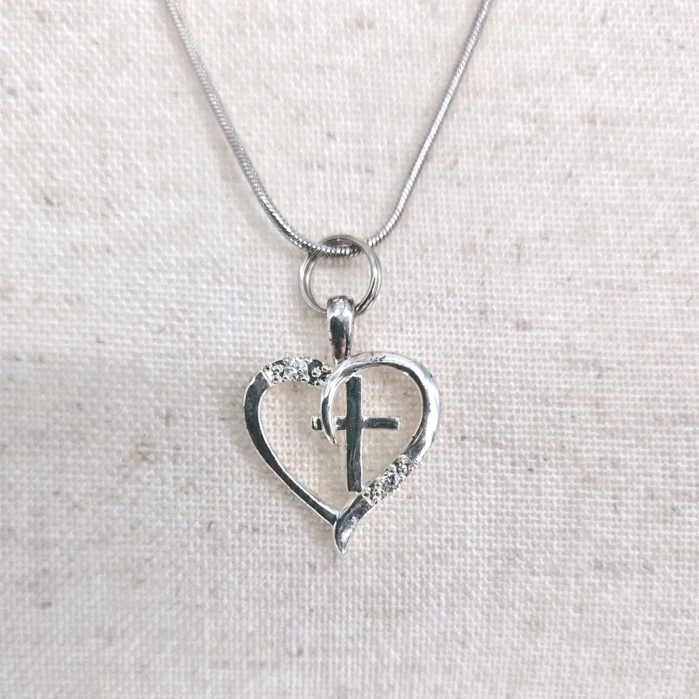 Sterling Silver Heart Cross Necklace Clear Crystal Stones 24" Christian Faith